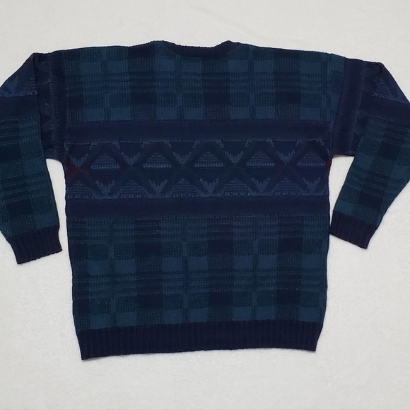 VINTAGE Reed St. James Loafers Turquoise Blue Plaid Printed Knit Sweater XL - Picture 8 of 11
